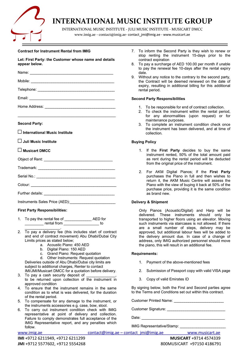 Contract for Instrument Rental from IMIG